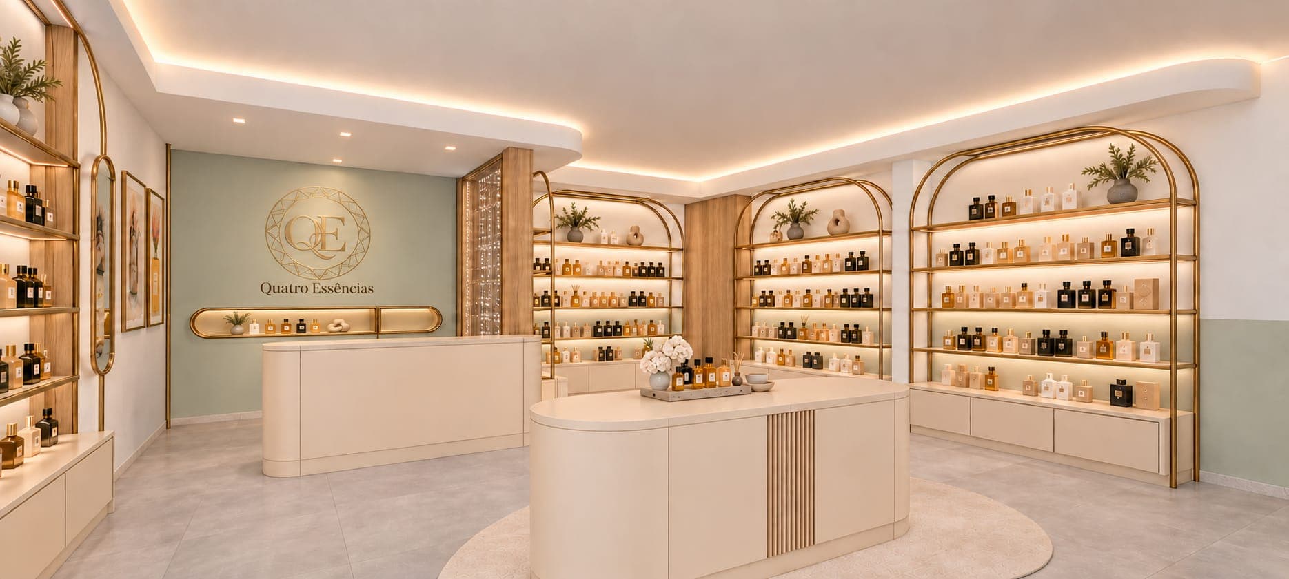 Projeto da loja: balcão off-white diante da parede verde jade com o emblema dourado, estantes em arco iluminadas